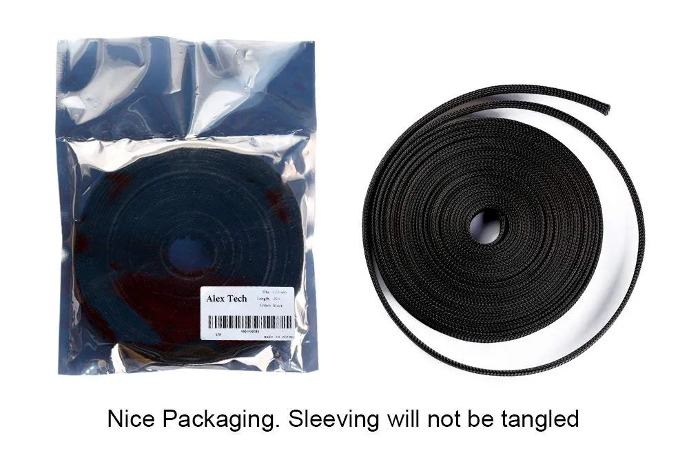 25ft - 1/2 inch PET Expandable Braided Sleeving – Black – Alex Tech Braided Cable Sleeve