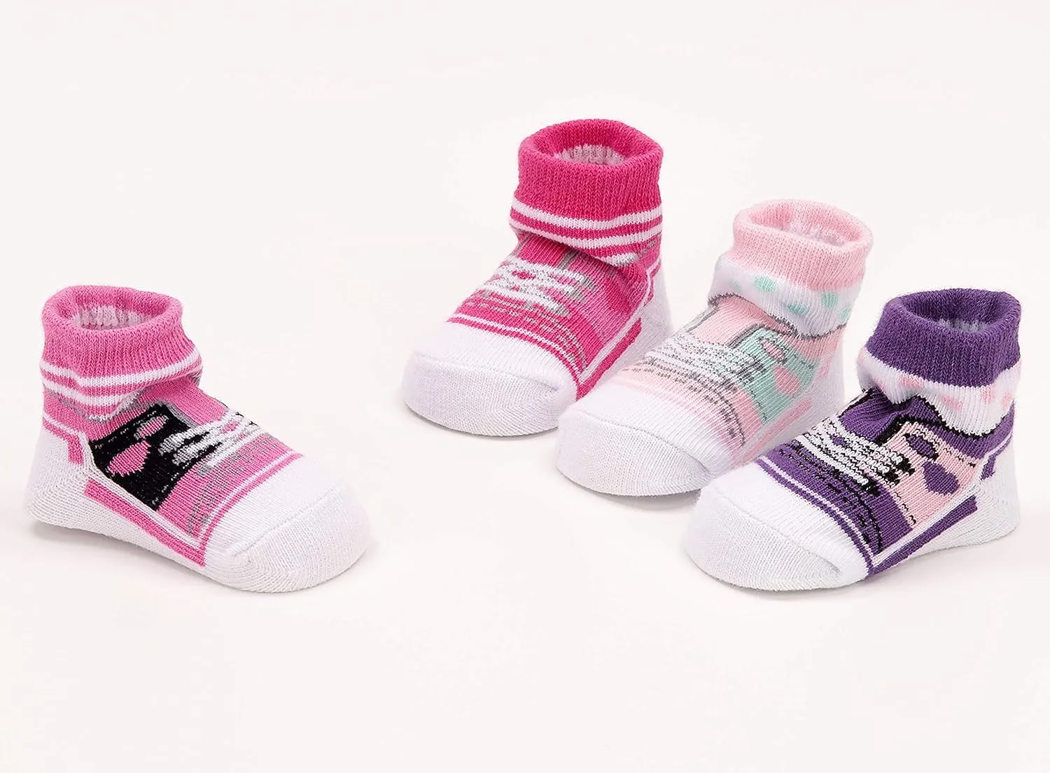4 Pairs of Baby Girl Socks 0-12 Months - Fun Sneaker Animals Frills Holiday Socks - in Gift Box