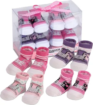 4 Pairs of Baby Girl Socks 0-12 Months - Fun Sneaker Animals Frills Holiday Socks - in Gift Box