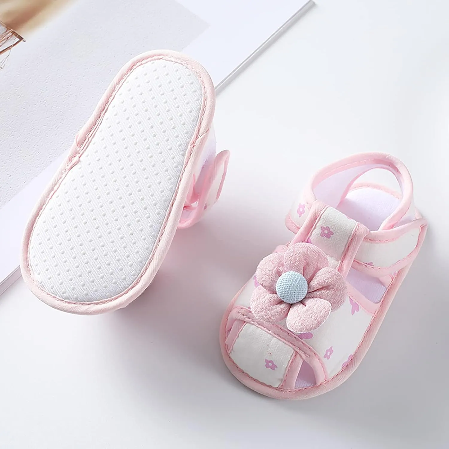 Baby Boys Girls Squeaky Pink Sandals Non-Slip Soft Rubber Sole Closed Toe Infant Flower Outdoor First Walkers Shoes