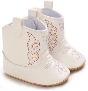 Baby Boys Girls Western Cowboy Embroidery Leather Boots Infant Moccasins High Top Booties Toddler Soft Sole Non-Slip First Walker Crib Shoes