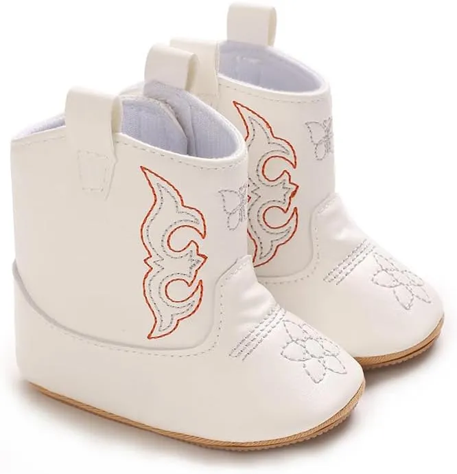 Baby Boys Girls Western Cowboy Embroidery Leather Boots Infant Moccasins High Top Booties Toddler Soft Sole Non-Slip First Walker Crib Shoes