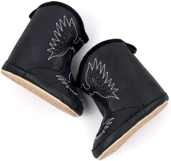 Baby Boys Girls Western Cowboy Embroidery Leather Boots Infant Moccasins High Top Booties Toddler Soft Sole Non-Slip First Walker Crib Shoes