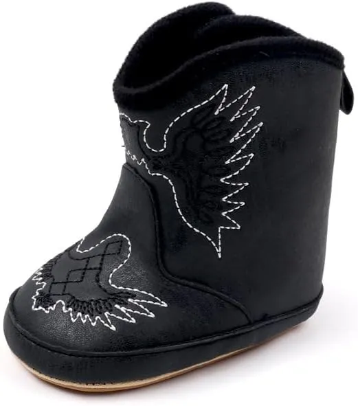 Baby Boys Girls Western Cowboy Embroidery Leather Boots Infant Moccasins High Top Booties Toddler Soft Sole Non-Slip First Walker Crib Shoes