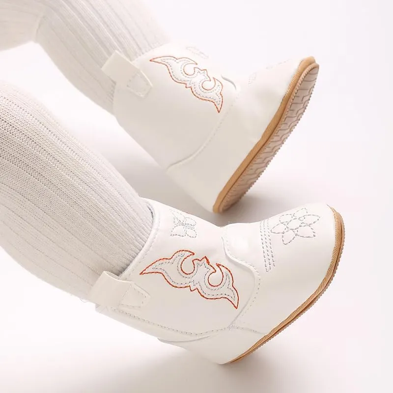 Baby Boys Girls Western Cowboy Embroidery Leather Boots Infant Moccasins High Top Booties Toddler Soft Sole Non-Slip First Walker Crib Shoes