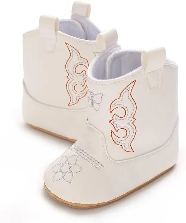 Baby Boys Girls Western Cowboy Embroidery Leather Boots Infant Moccasins High Top Booties Toddler Soft Sole Non-Slip First Walker Crib Shoes