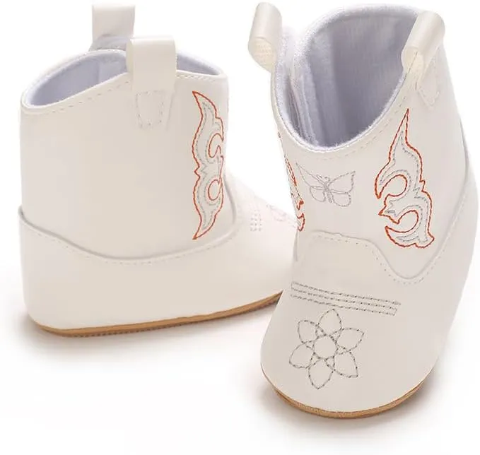 Baby Boys Girls Western Cowboy Embroidery Leather Boots Infant Moccasins High Top Booties Toddler Soft Sole Non-Slip First Walker Crib Shoes