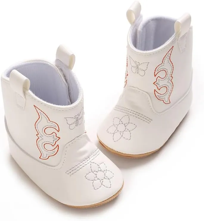 Baby Boys Girls Western Cowboy Embroidery Leather Boots Infant Moccasins High Top Booties Toddler Soft Sole Non-Slip First Walker Crib Shoes
