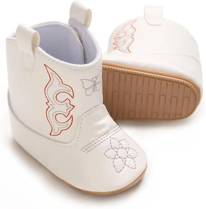 Baby Boys Girls Western Cowboy Embroidery Leather Boots Infant Moccasins High Top Booties Toddler Soft Sole Non-Slip First Walker Crib Shoes