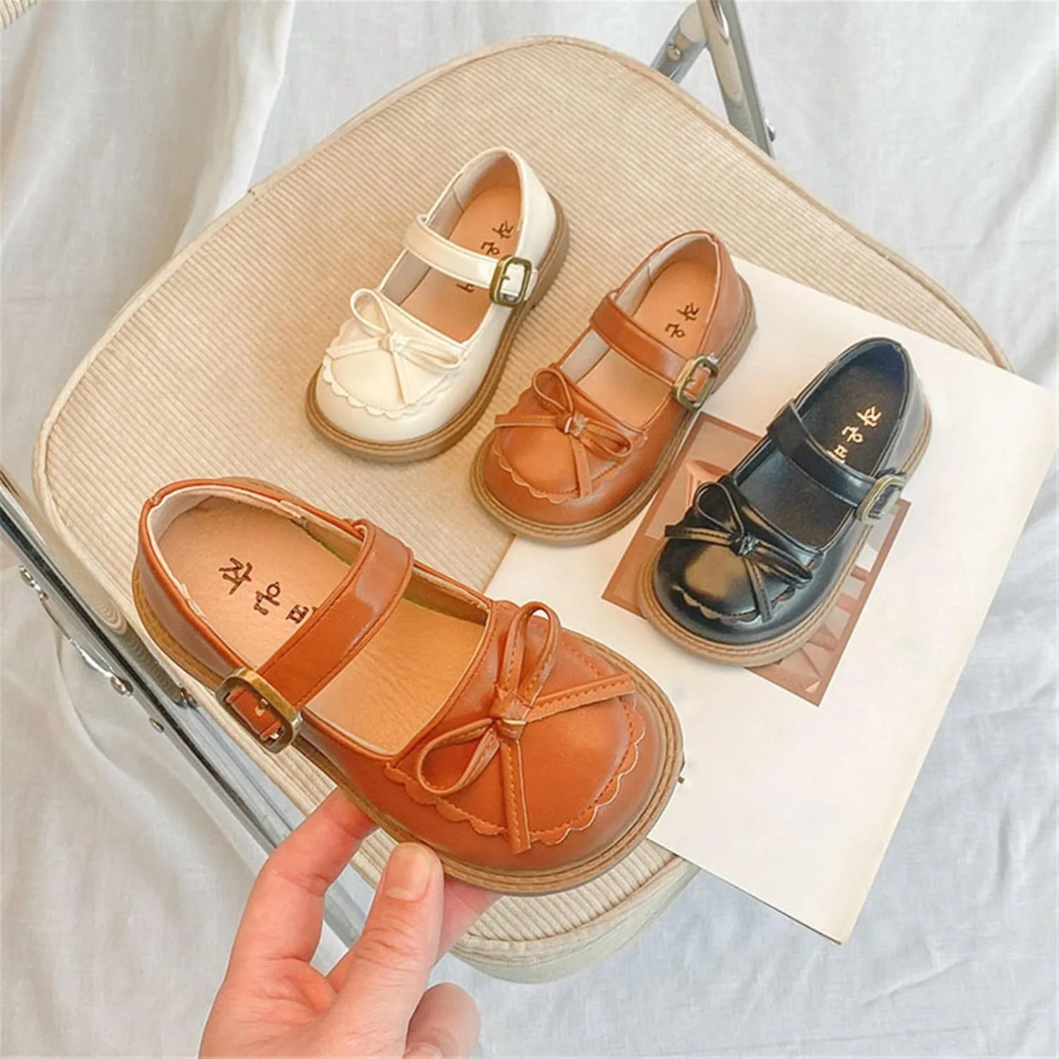 Baby Flat Sole Shoes Girls Leather Bow Design Soft Round Toe Princess Dress Flat Shoes(Toddler/Little Kid/Big