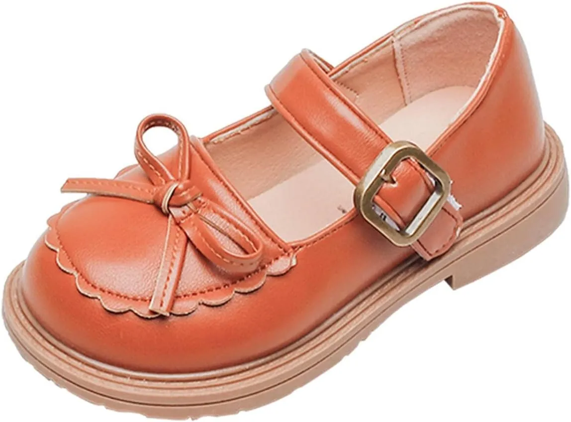 Baby Flat Sole Shoes Girls Leather Bow Design Soft Round Toe Princess Dress Flat Shoes(Toddler/Little Kid/Big
