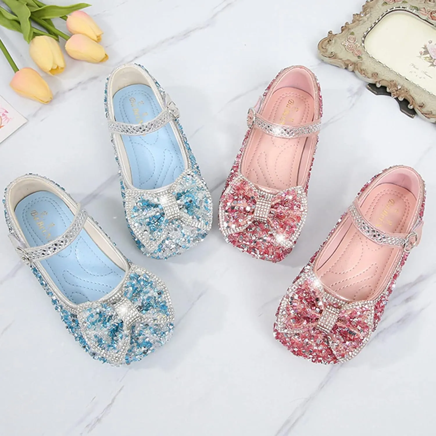 Baby Girls Bow Princess Sparkly Cute Shoes Mary Jane Non Slip Soft Sole Sandals for Party Toddler Wedding Dress Shoes