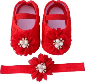 Baby Shoes with Hair Band Fashion Soft Soled Toddler Shoes Versatile Dress Flower Princess Shoes Toddler High Tops Girls