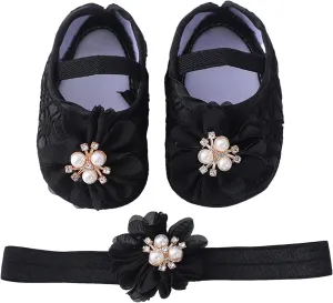 Baby Shoes with Hair Band Fashion Soft Soled Toddler Shoes Versatile Dress Flower Princess Shoes Toddler High Tops Girls