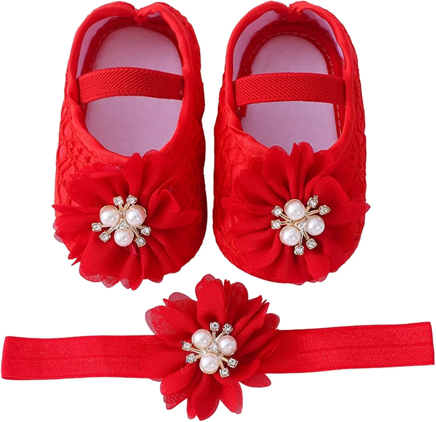 Baby Shoes with Hair Band Fashion Soft Soled Toddler Shoes Versatile Dress Flower Princess Shoes Toddler High Tops Girls