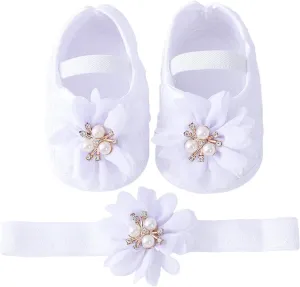 Baby Shoes with Hair Band Fashion Soft Soled Toddler Shoes Versatile Dress Flower Princess Shoes Toddler High Tops Girls