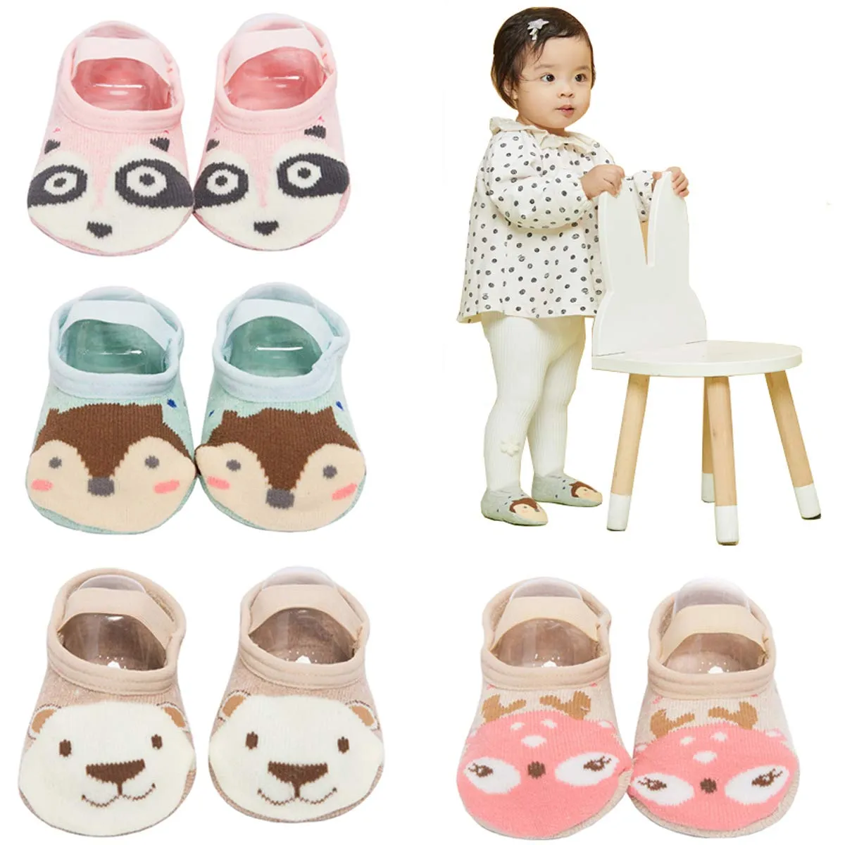 Baby Socks 4 Pairs Anti-Slip Gripper Socks for 12-36 Months Boys Girls, Non-Skid Infant Toddler Walking with Cartoon Design, Soft Cotton Crew & Ankle