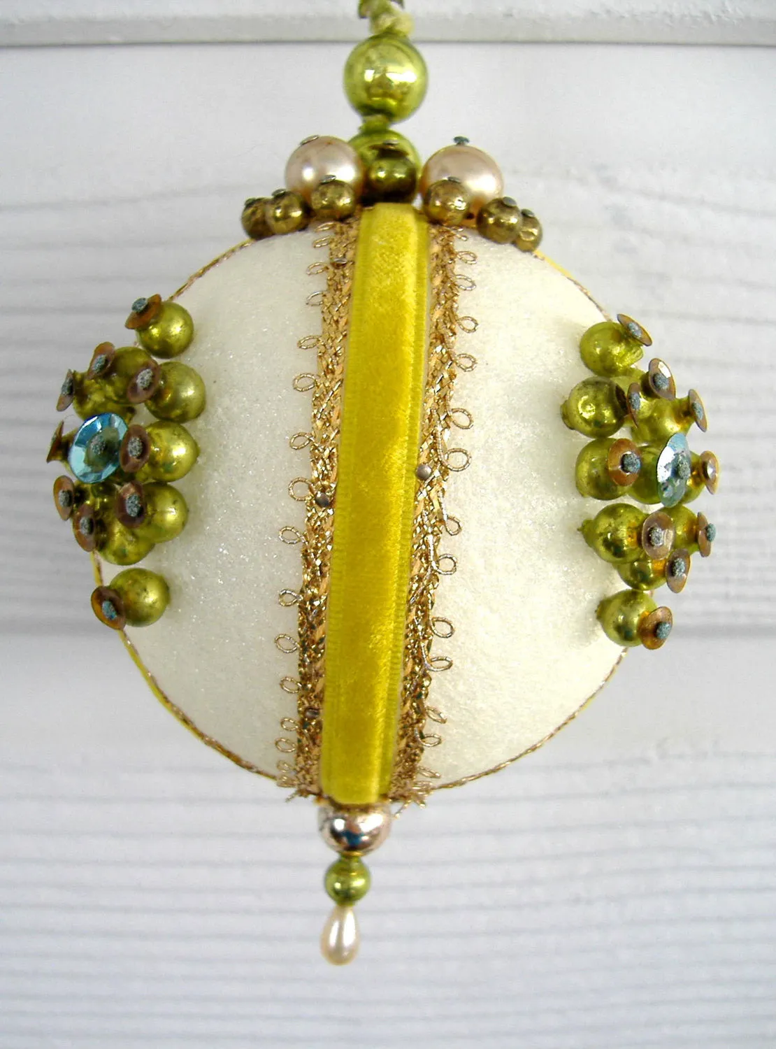 Beaded Christmas Tree Ornaments 2 Yellow Teal Handmade 1950s Mercury Glass Beads