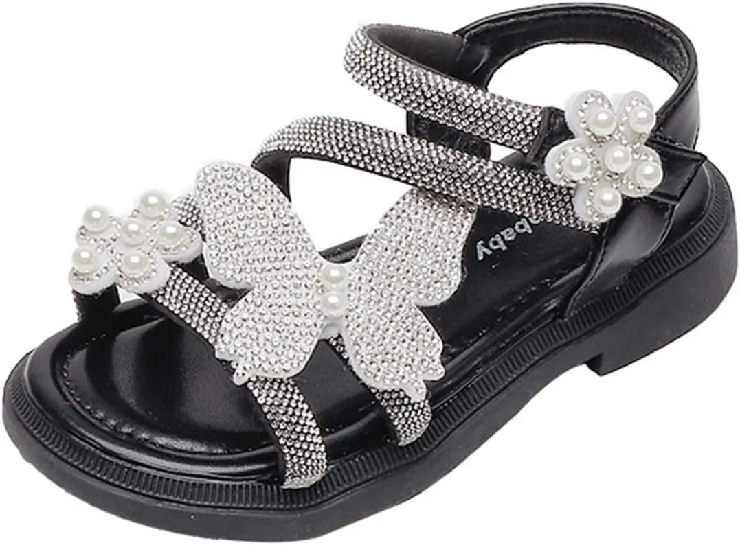 Child and Toddler Baby Girls Sandals Soft Sole Rhinestone Sandals Casual Beach Shoes Summer (Black, 13 Little Child)