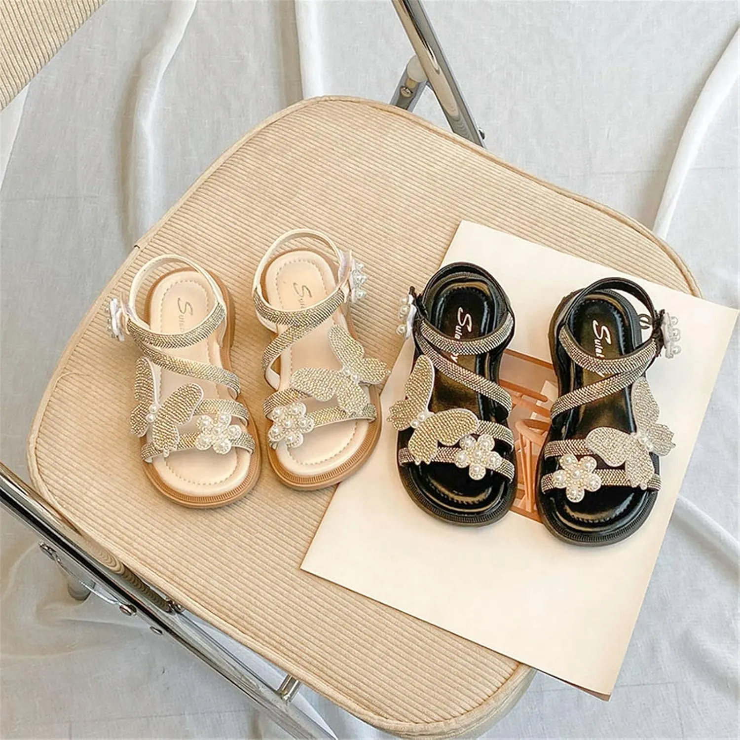 Child and Toddler Baby Girls Sandals Soft Sole Rhinestone Sandals Casual Beach Shoes Summer (Black, 13 Little Child)