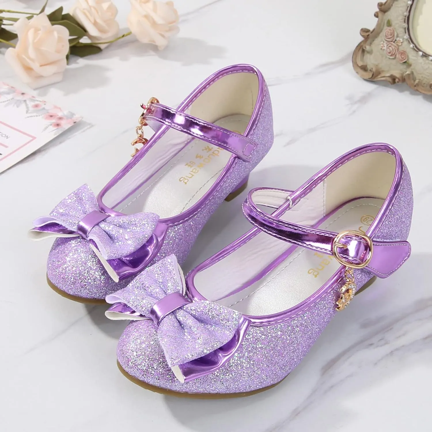 Children's Girls Shoes Rhinestone Bowknot Princess Shoes Single Shoes Small Leather Shoes Sandals Dance (Purple, 33)
