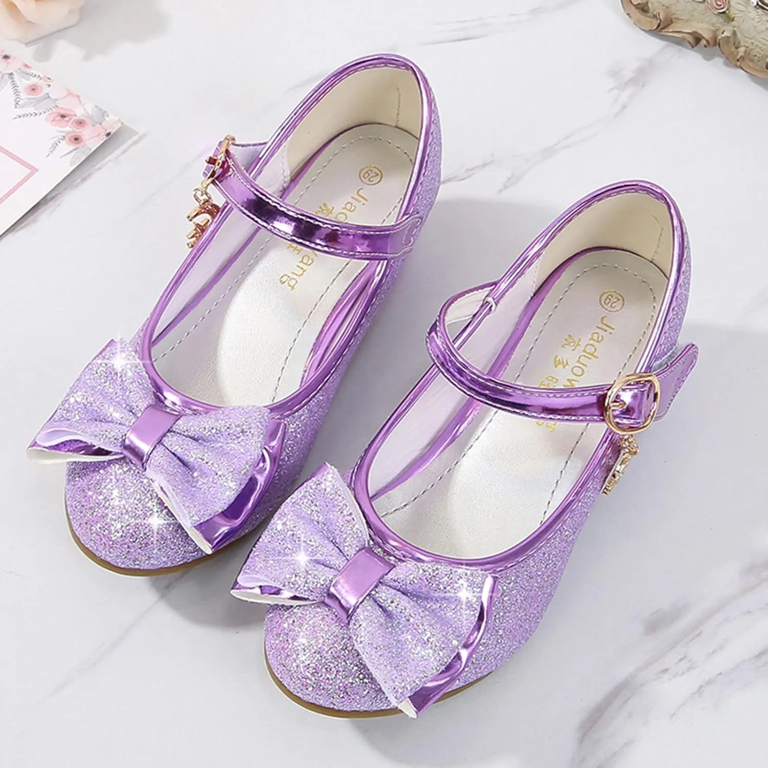 Children's Girls Shoes Rhinestone Bowknot Princess Shoes Single Shoes Small Leather Shoes Sandals Dance (Purple, 33)