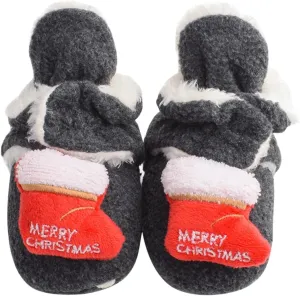 Christmas Unisex Fleece Baby Booties, Soft Sole Non Slip Stay On Slipper Indoor Snow Socks Shoes for (Grey, 3.5 Infant)