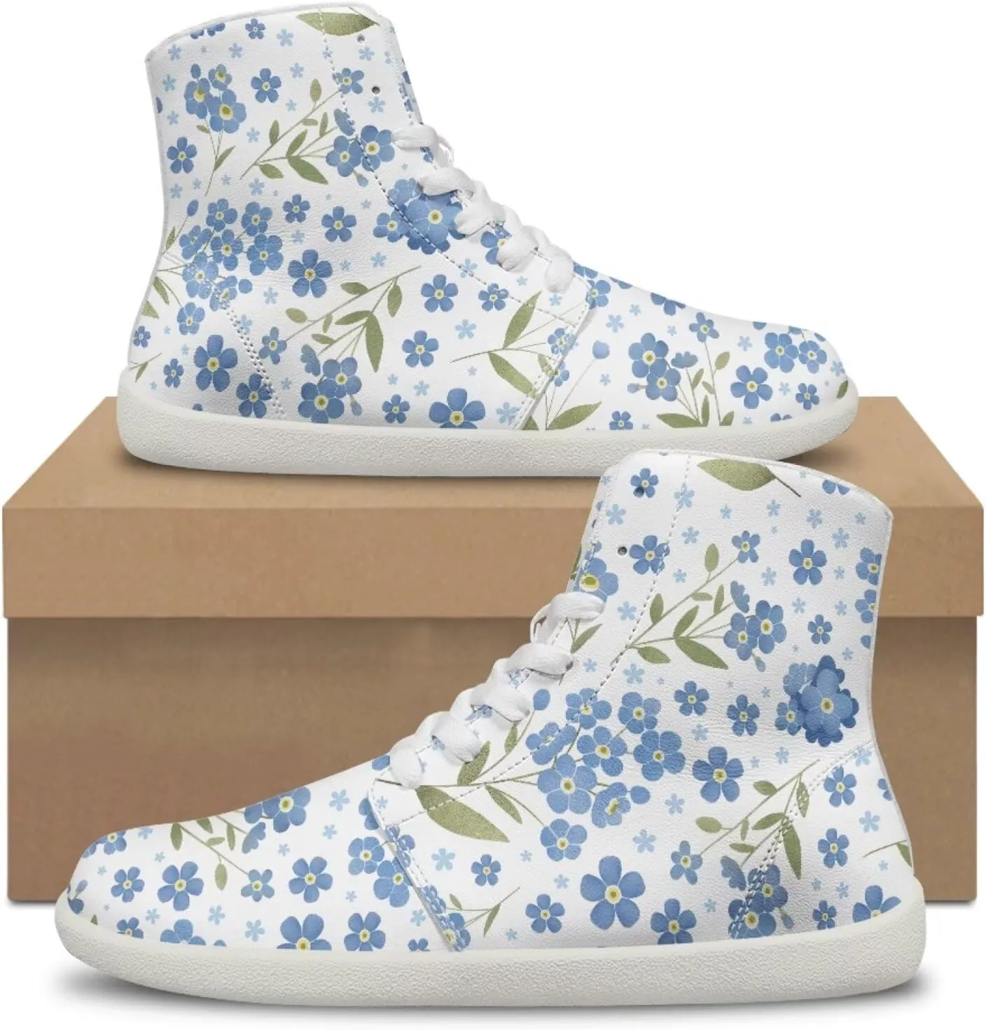 Floral Print Barefoot Sneakers for Women High Top PU Footwear Width Toe Anti-Skid Running Cross Training Shoes
