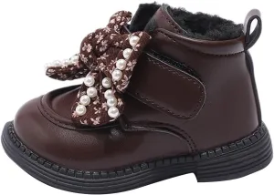 Girls Ankle Boots Sweet Bow Princess Soft Sole Flat Booties Thick Plush Soft Sole Leather Non Slip Walking Shoes