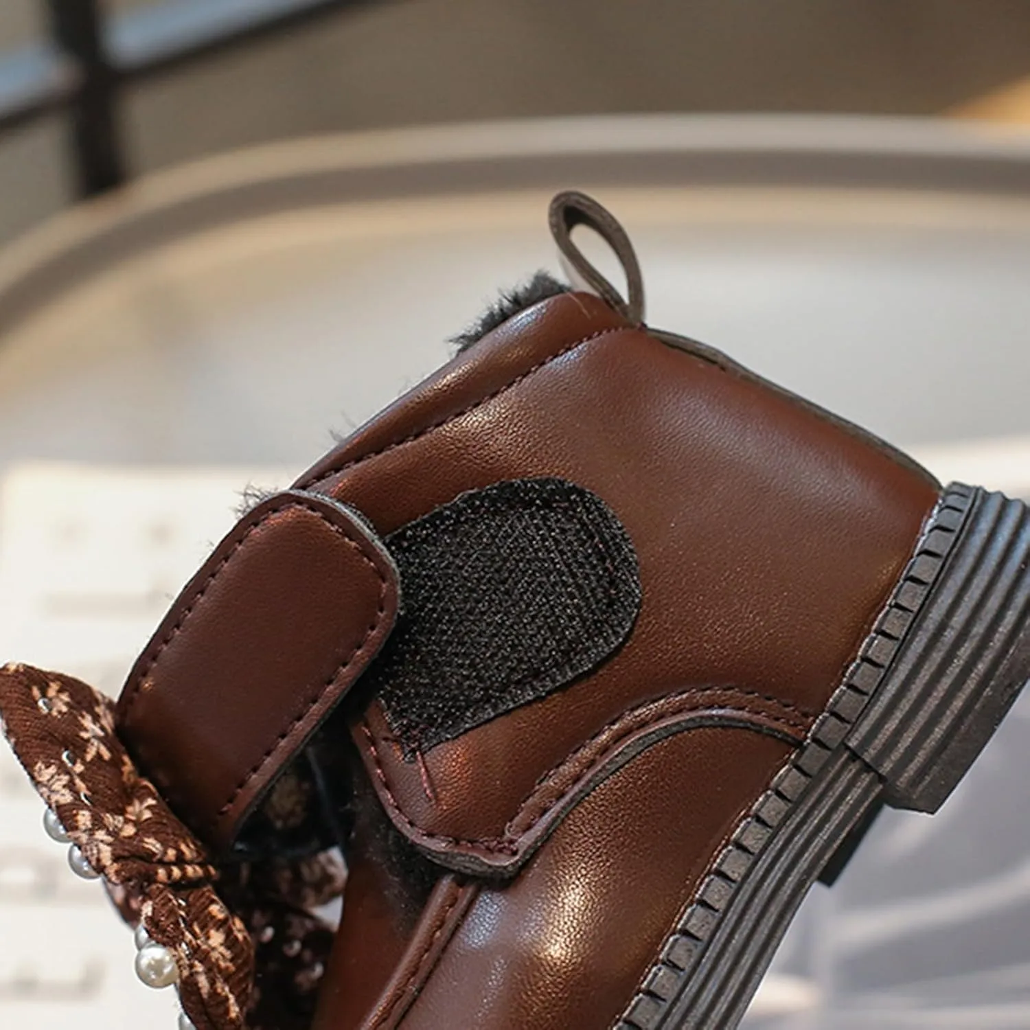 Girls Ankle Boots Sweet Bow Princess Soft Sole Flat Booties Thick Plush Soft Sole Leather Non Slip Walking Shoes