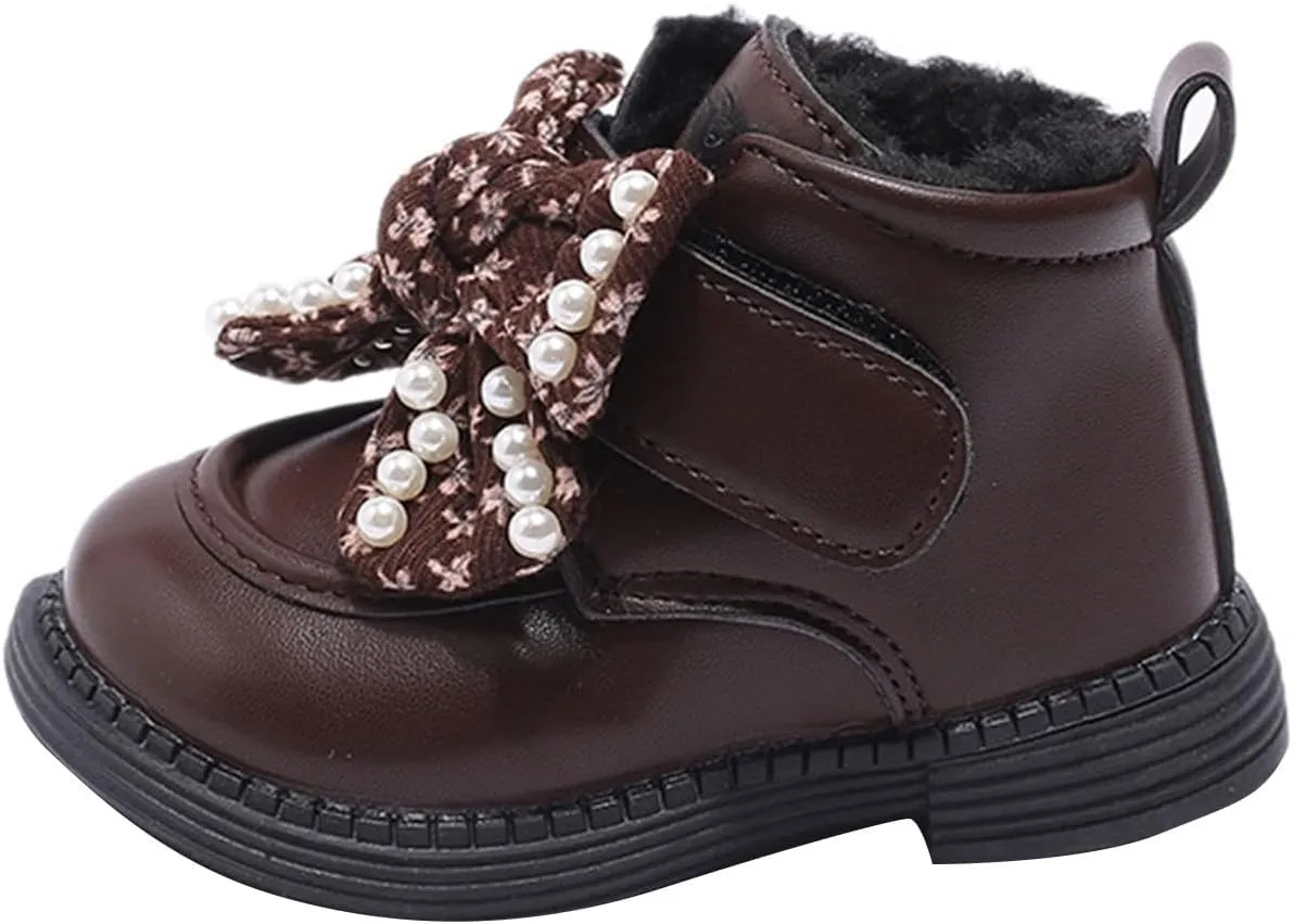 Girls Ankle Boots Sweet Bow Princess Soft Sole Flat Booties Thick Plush Soft Sole Leather Non Slip Walking Shoes