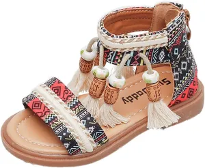 Girls Bohemian Open Toe Sandals with Tassel Beaded Vintage Open Toe Soft Sole Retro Roman Slides Shoes for Toddlers