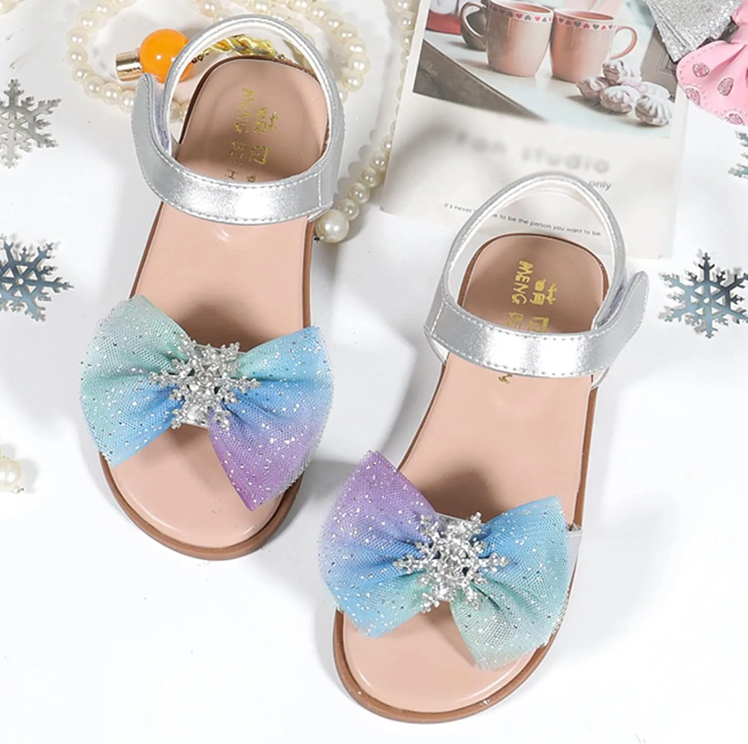 Girls Bow Flat Sandals Open Toe Rubber Sole Summer Casual Dress Shoes Baby Kids Soft Fashion Princess Sequins Loafers