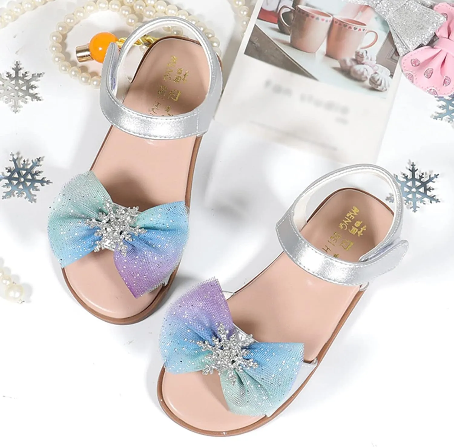 Girls Bow Flat Sandals Open Toe Rubber Sole Summer Casual Dress Shoes Baby Kids Soft Fashion Princess Sequins Loafers