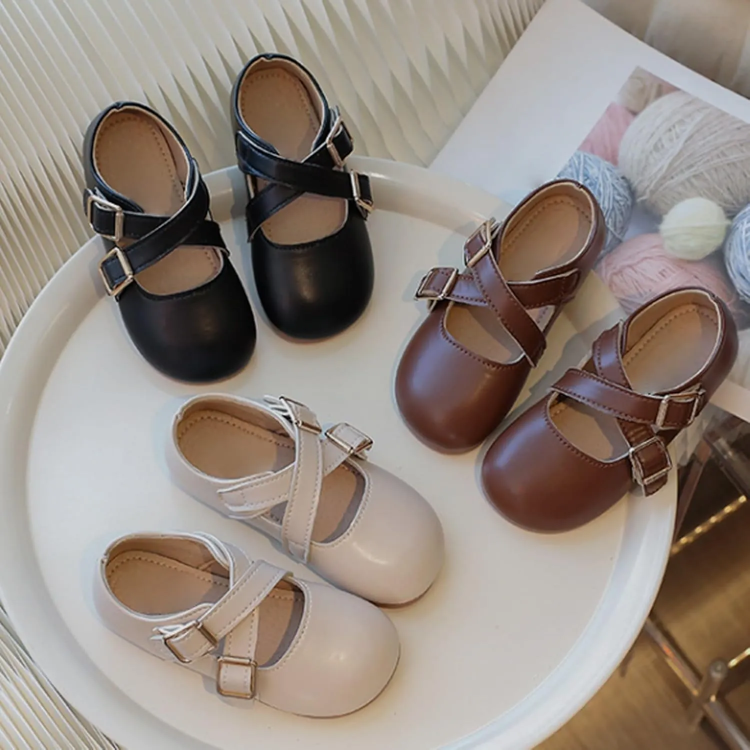 Girls School Shoes Round Toe Double Buckle Dress Shoes Kids Rubber Soft Soles Leather Fashion Walking Shoes
