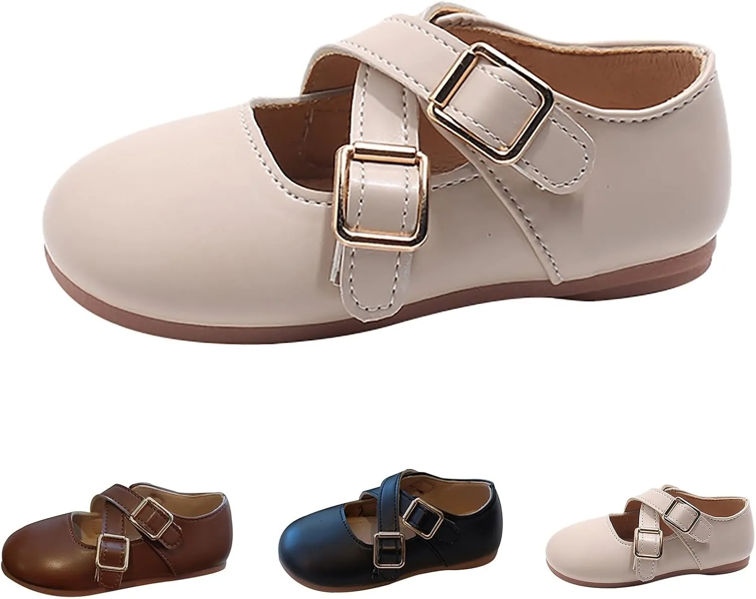Girls School Shoes Round Toe Double Buckle Dress Shoes Kids Rubber Soft Soles Leather Fashion Walking Shoes
