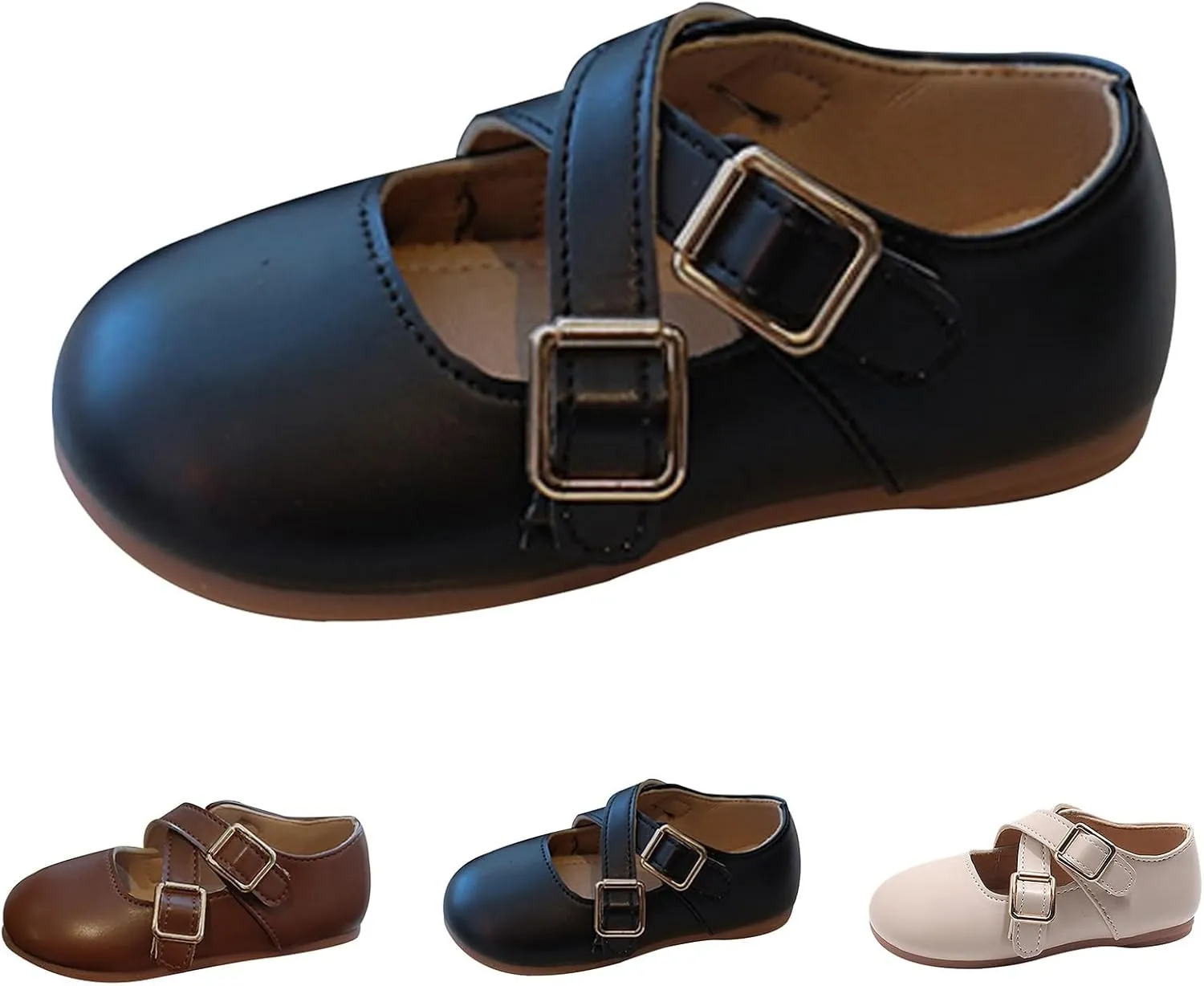 Girls School Shoes Round Toe Double Buckle Dress Shoes Kids Rubber Soft Soles Leather Fashion Walking Shoes