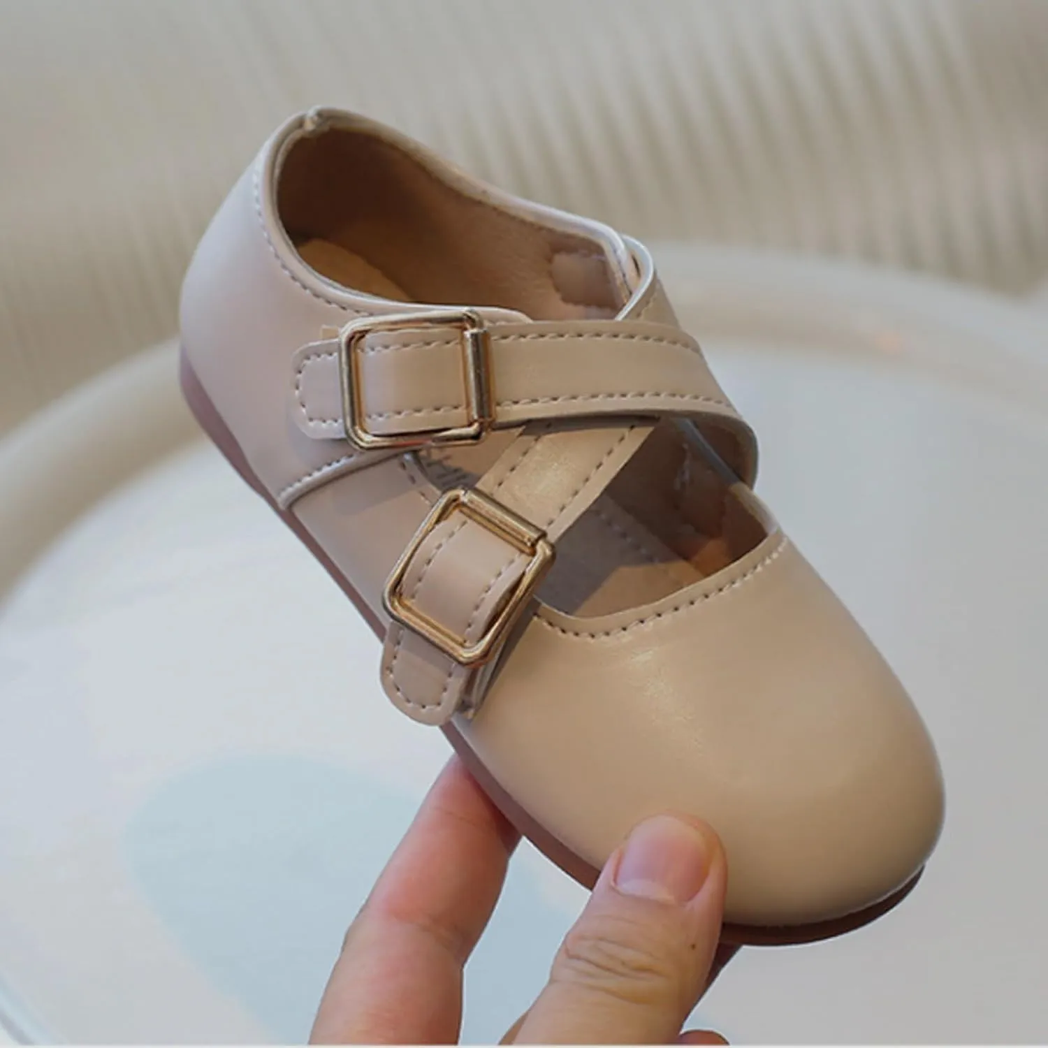 Girls School Shoes Round Toe Double Buckle Dress Shoes Kids Rubber Soft Soles Leather Fashion Walking Shoes