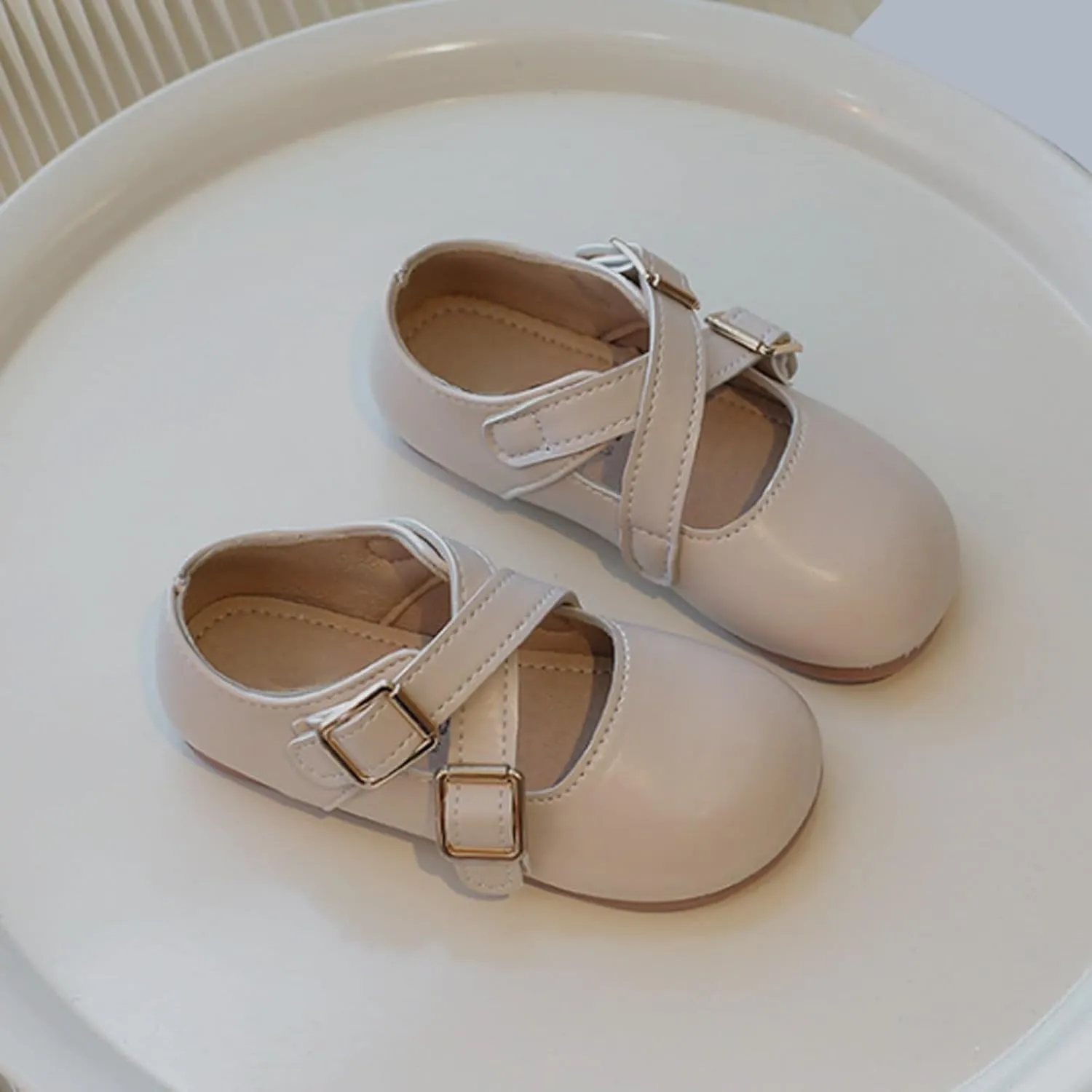 Girls School Shoes Round Toe Double Buckle Dress Shoes Kids Rubber Soft Soles Leather Fashion Walking Shoes