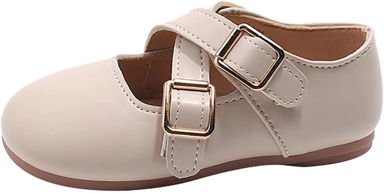 Girls School Shoes Round Toe Double Buckle Dress Shoes Kids Rubber Soft Soles Leather Fashion Walking Shoes
