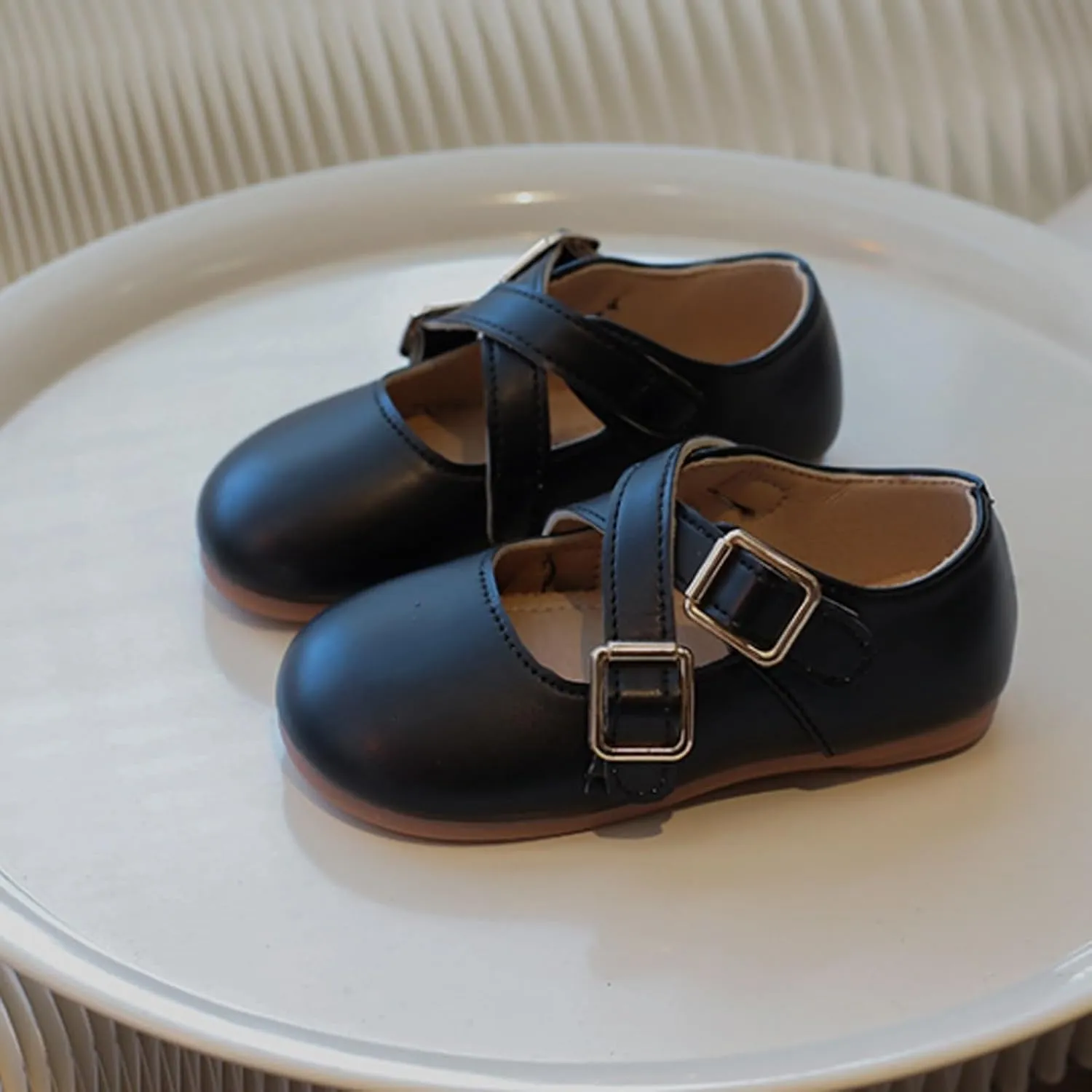Girls School Shoes Round Toe Double Buckle Dress Shoes Kids Rubber Soft Soles Leather Fashion Walking Shoes