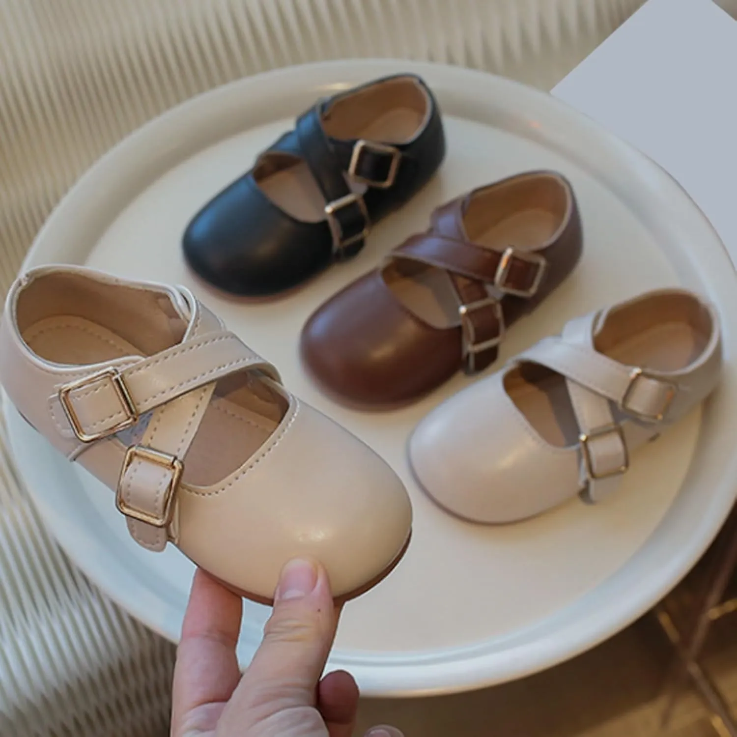 Girls School Shoes Round Toe Double Buckle Dress Shoes Kids Rubber Soft Soles Leather Fashion Walking Shoes