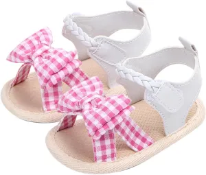 Infant Girls Open Toe Plaid Bowknot Shoes First Walkers Shoes Summer Toddler Flat Sandals Newborn (Pink, 12 Months)
