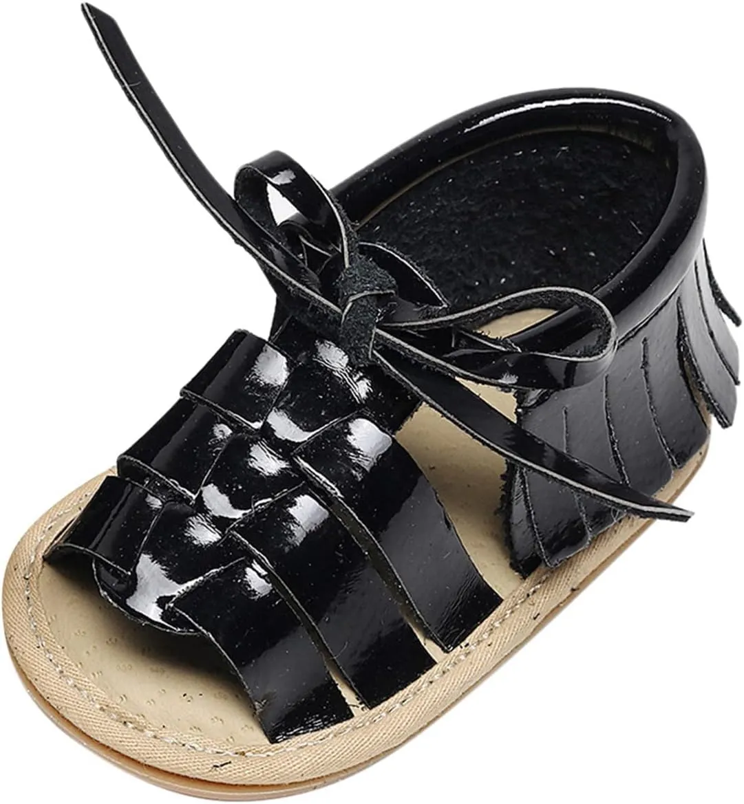 Infant Toddler Baby Girls Boys Shoes Sandals First Walkers Prewalkers Tassels Anti-Slip Soft Sole (Black, 6 Toddler)