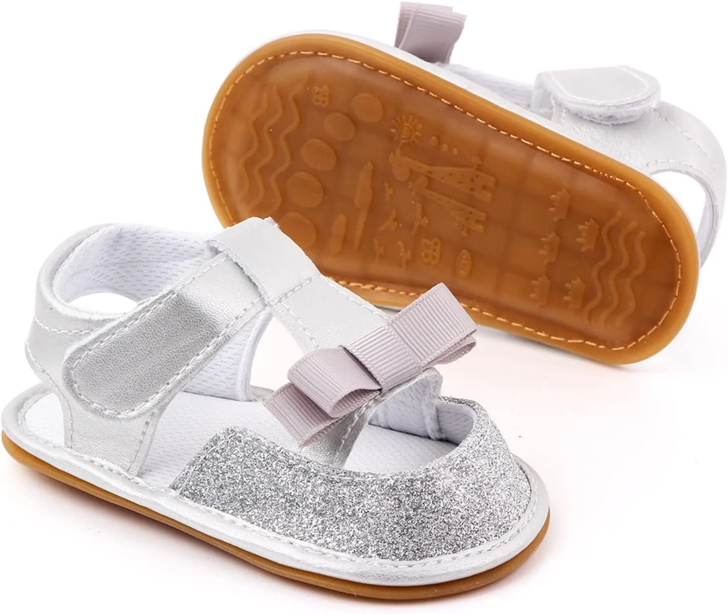 Infant Toddler Baby Girls Boys Shoes Sandals Newborn First Walkers Crib Shoes Anti-Slip Soft Sole (Silver, 4 Infant)