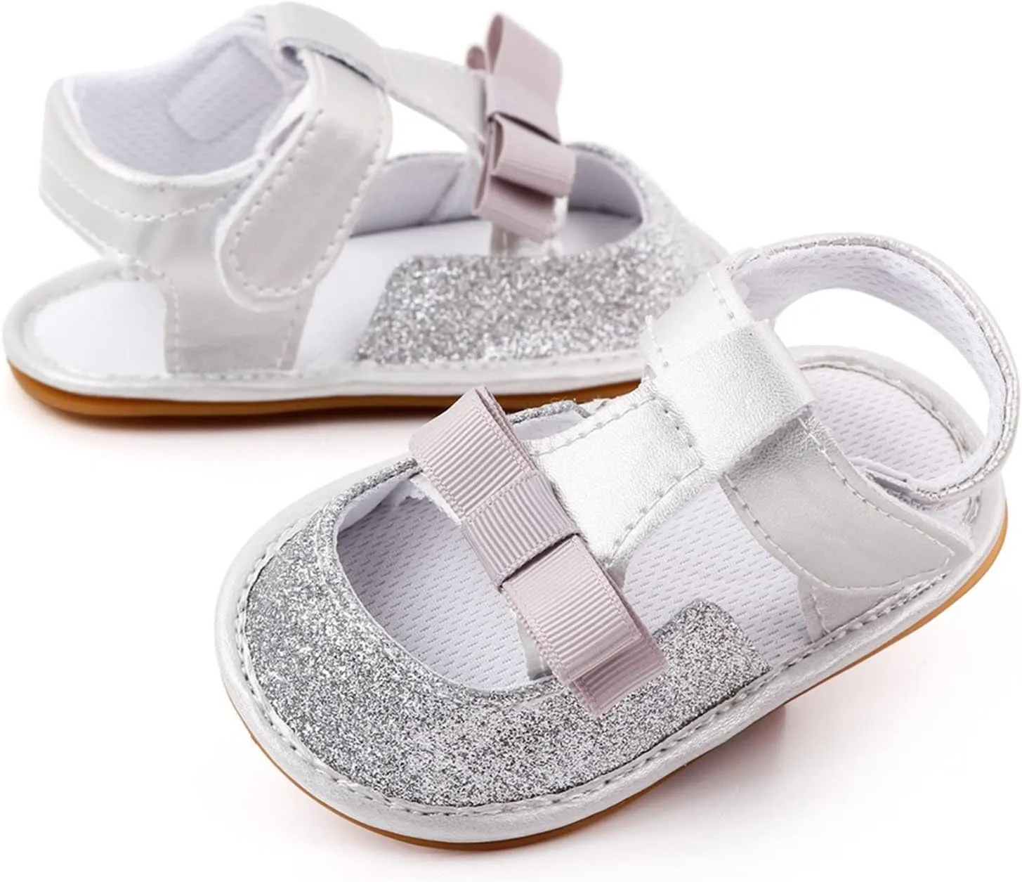 Infant Toddler Baby Girls Boys Shoes Sandals Newborn First Walkers Crib Shoes Anti-Slip Soft Sole (Silver, 4 Infant)