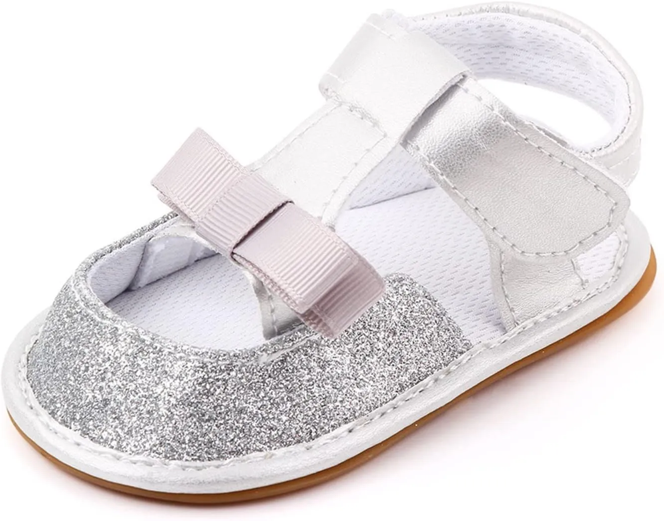 Infant Toddler Baby Girls Boys Shoes Sandals Newborn First Walkers Crib Shoes Anti-Slip Soft Sole (Silver, 4 Infant)