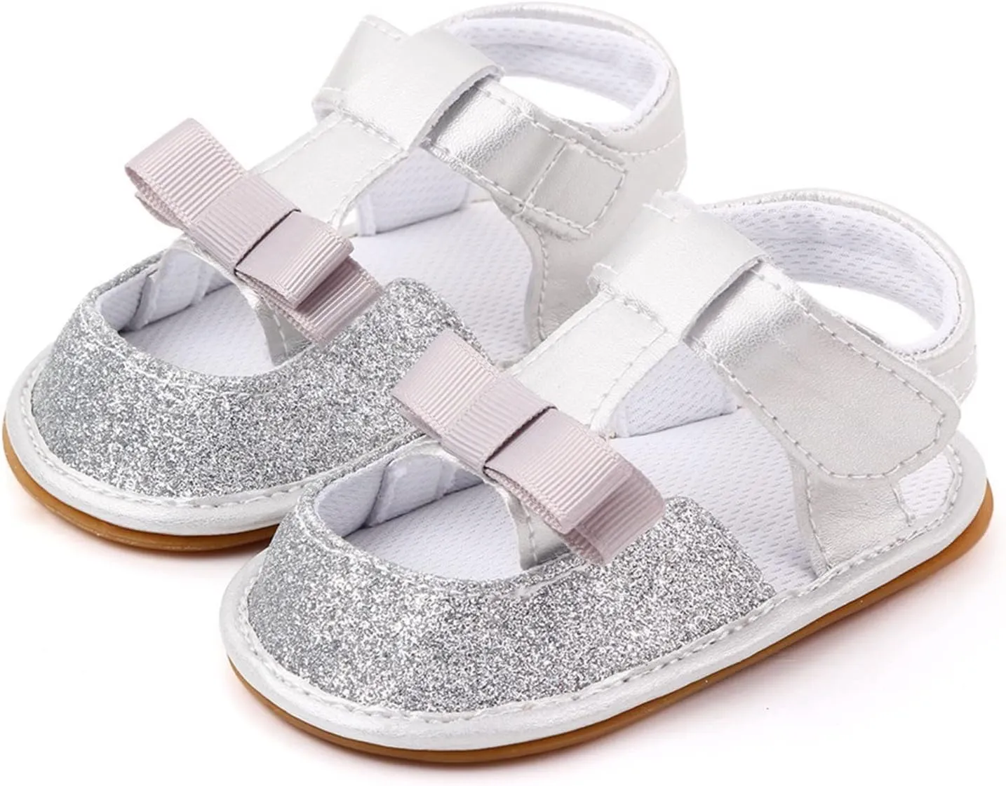 Infant Toddler Baby Girls Boys Shoes Sandals Newborn First Walkers Crib Shoes Anti-Slip Soft Sole (Silver, 4 Infant)