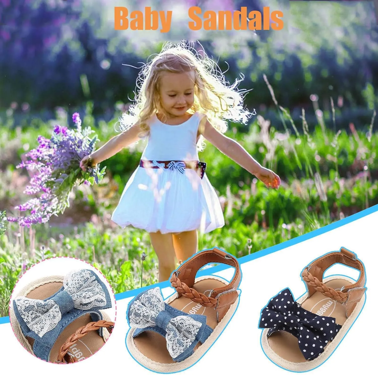 Infant Toddler Baby Girls Boys Shoes Sandals Outdoor First Walkers Bow Soft Sole Flat Shoes (Blue, 0-6 Months)