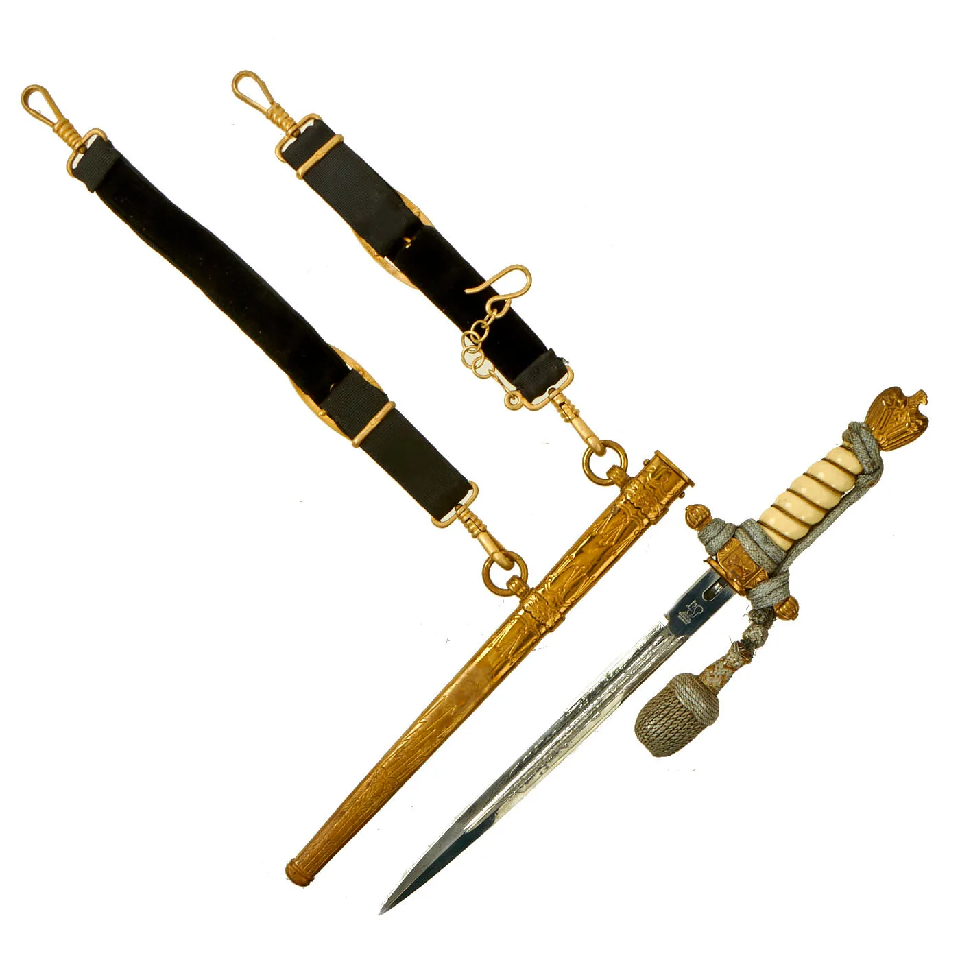 Original WWII German 2nd Model Naval Dagger by Carl Eickhorn with Lightning Bolt Scabbard, Hangers & Portepee